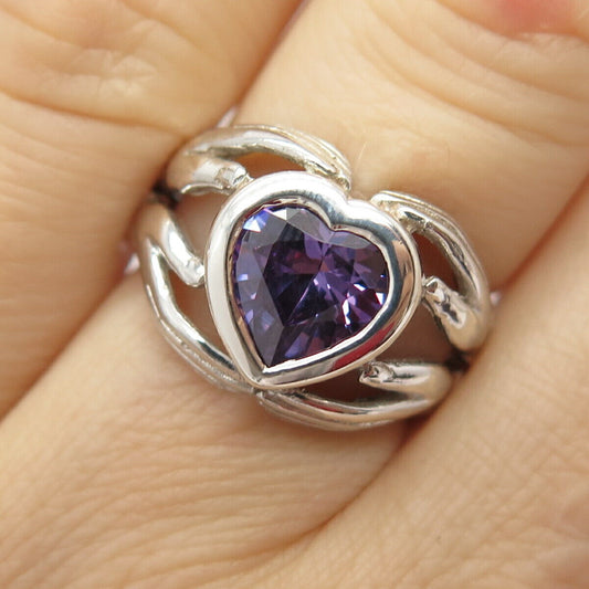 925 Sterling Silver Vintage White Amethyst-Tone C Z Heart Hands Ring Size 5 3/4