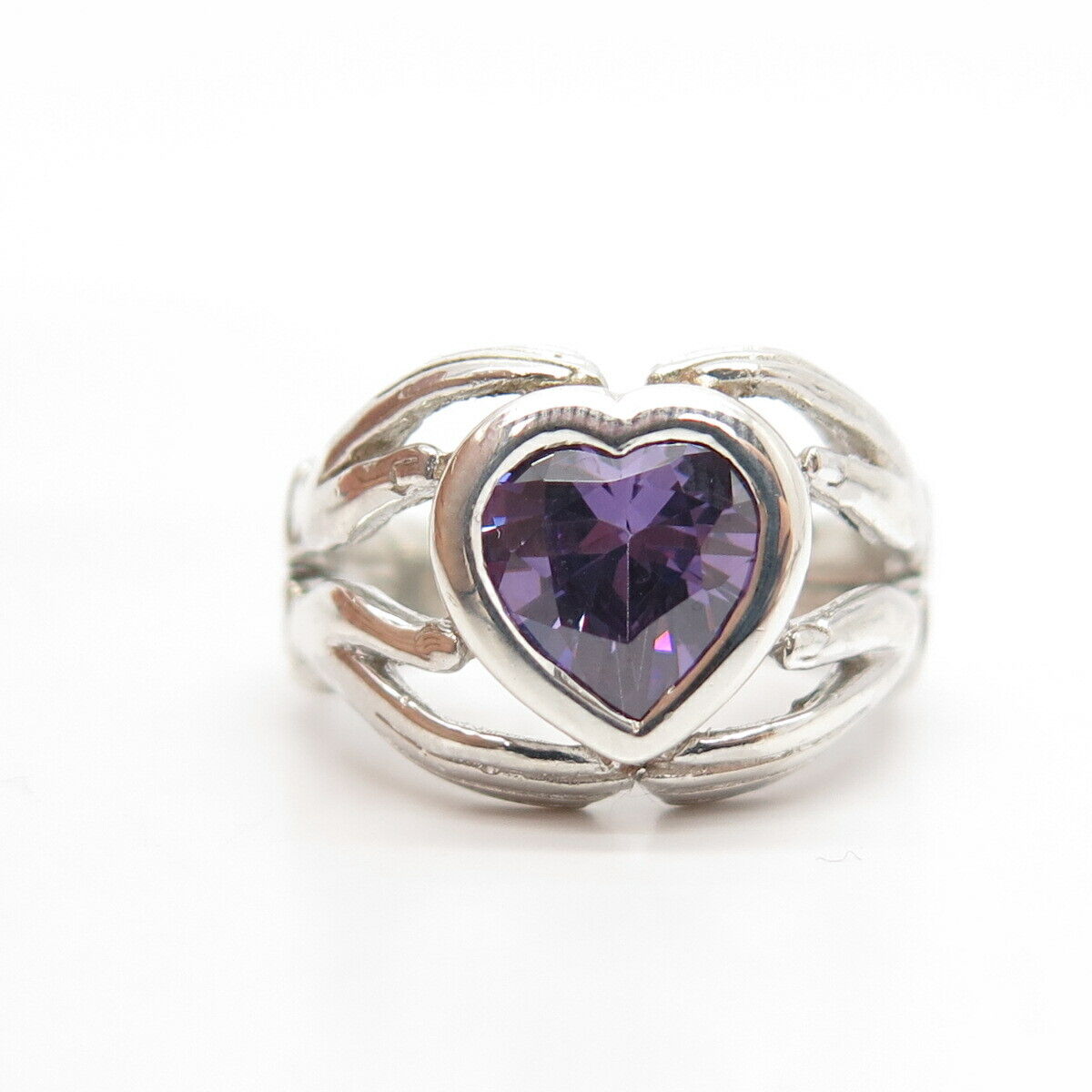 925 Sterling Silver Vintage White Amethyst-Tone C Z Heart Hands Ring Size 5 3/4