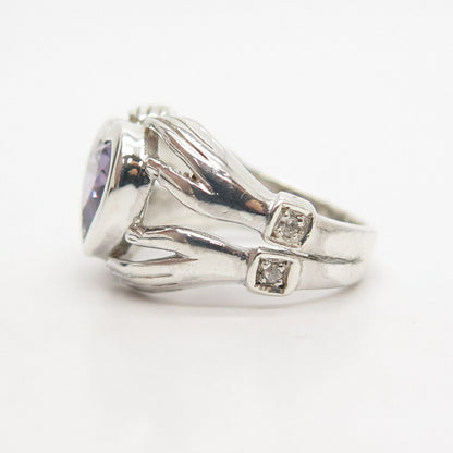 925 Sterling Silver Vintage White Amethyst-Tone C Z Heart Hands Ring Size 5 3/4