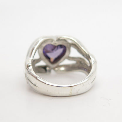 925 Sterling Silver Vintage White Amethyst-Tone C Z Heart Hands Ring Size 5 3/4