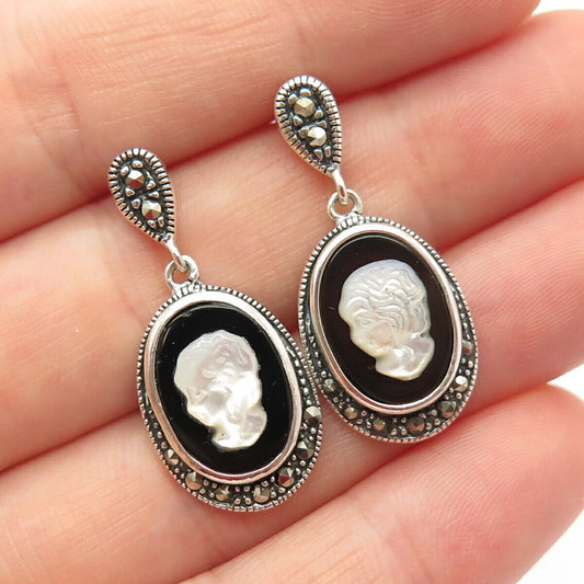 925 Sterling Silver Vintage Black Onyx Marcasite Gem & Carved MOP Earrings