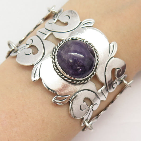 925 Sterling Silver Vintage Mexico Amethyst Gem Ornate Panel Link Bracelet 7"