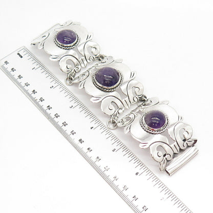 925 Sterling Silver Vintage Mexico Amethyst Gem Ornate Panel Link Bracelet 7"