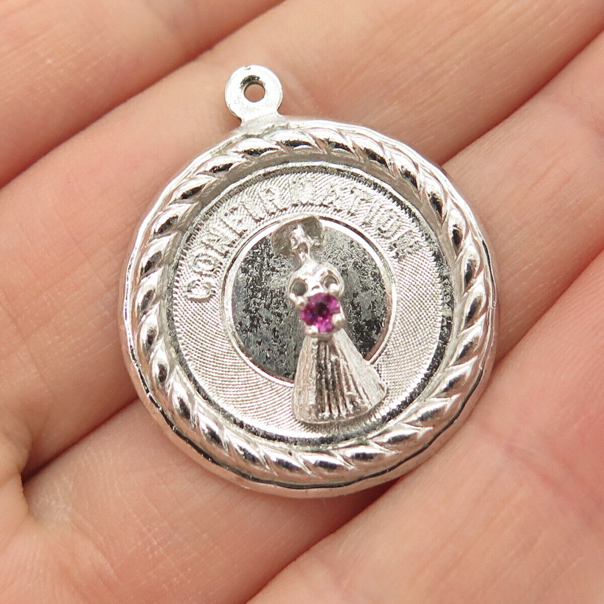 925 Sterling Silver Vintage Pink C Z "Confirmation" Pendant