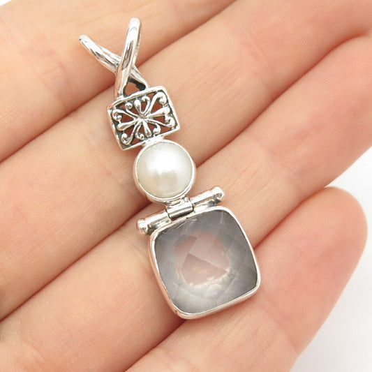 925 Sterling Silver Real Rose Quartz & Pearl Pendant