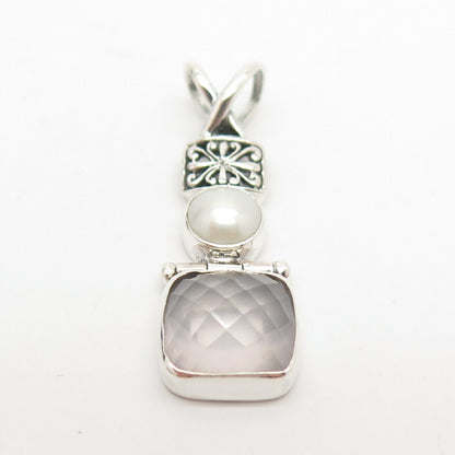 925 Sterling Silver Real Rose Quartz & Pearl Pendant