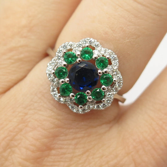 925 Sterling Silver Multi-Color C Z Floral Ring Size 7 3/4