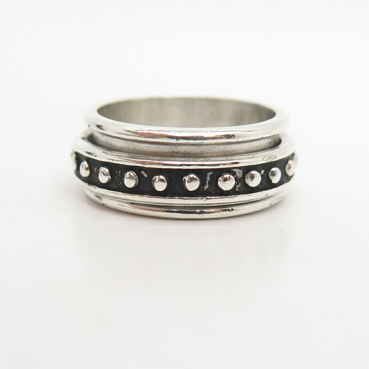 925 Sterling Silver Vintage Mexico Beaded Rotating Band Ring Size 9 3/4