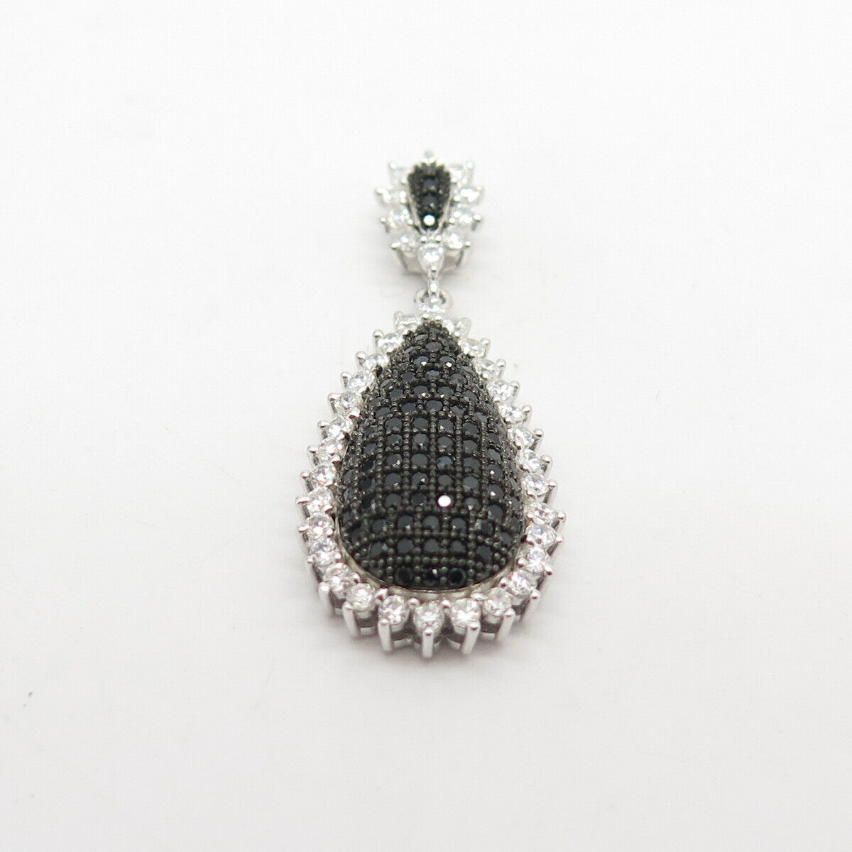 925 Sterling Silver Real Melanite Gem & C Z Teardrop Pendant