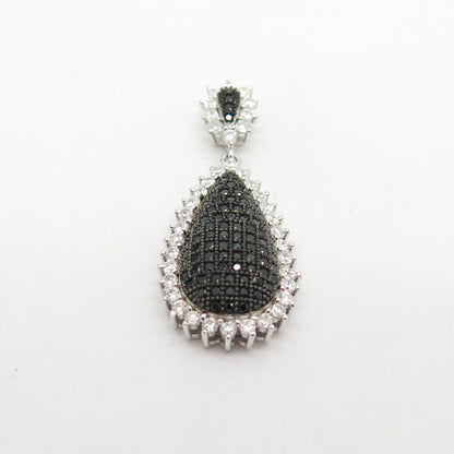 925 Sterling Silver Real Melanite Gem & C Z Teardrop Pendant