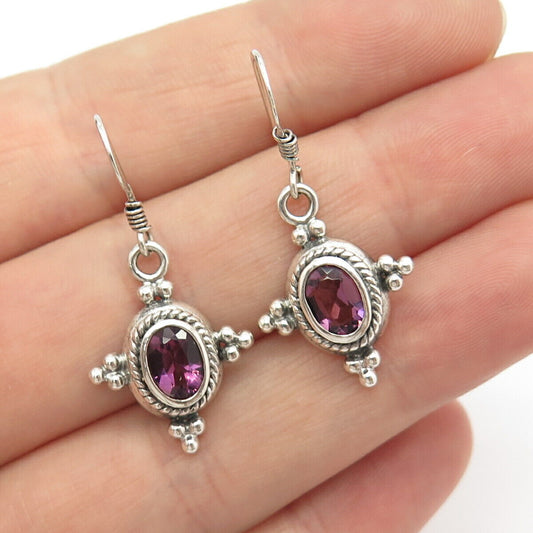 925 Sterling Silver Vintage Real Amethyst Gem Boho Dangling Earrings