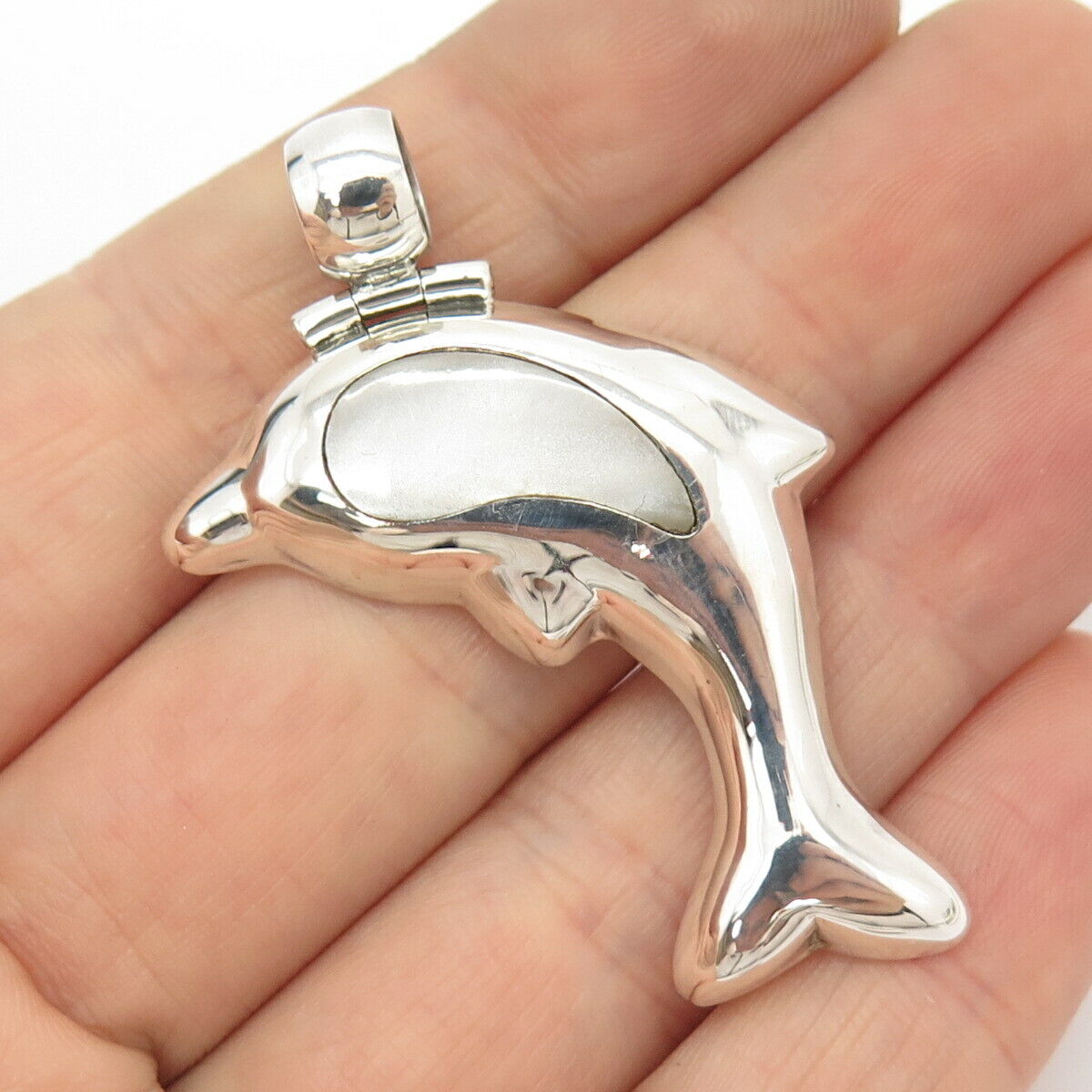 950 Silver Vintage Real Mother-of-Pearl Friendly Dolphin Pendant