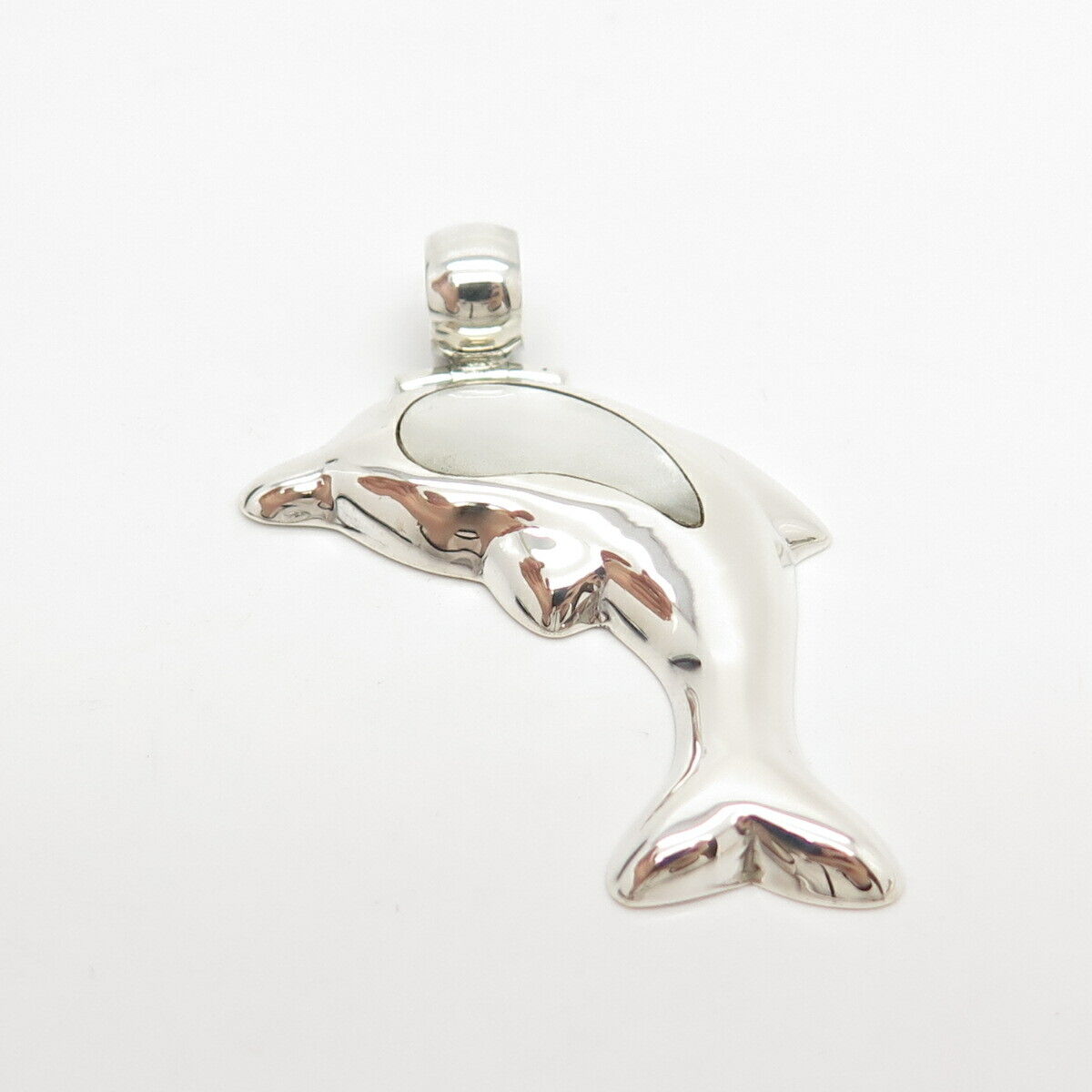 950 Silver Vintage Real Mother-of-Pearl Friendly Dolphin Pendant