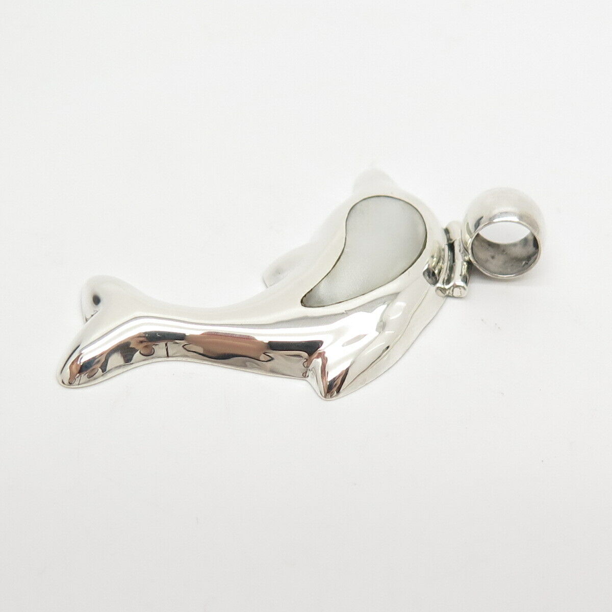 950 Silver Vintage Real Mother-of-Pearl Friendly Dolphin Pendant