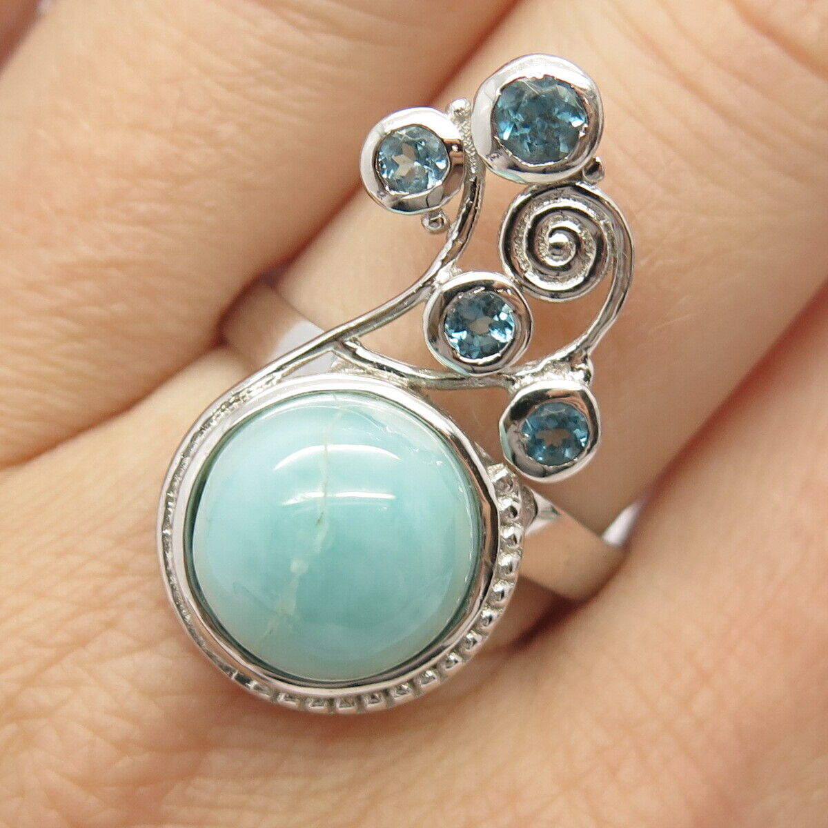 925 Sterling Silver Real Larimar & Blue Topaz Gem Ornate Ring