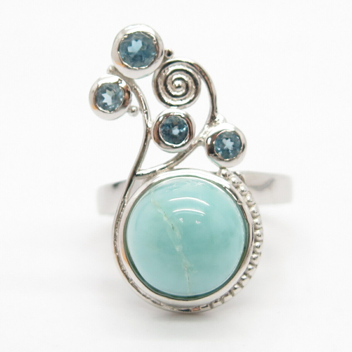 925 Sterling Silver Real Larimar & Blue Topaz Gem Ornate Ring