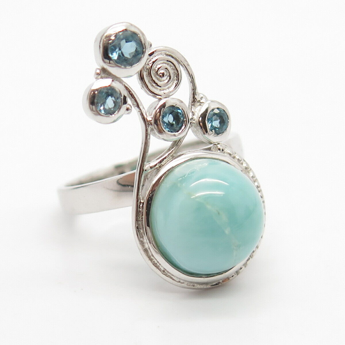 925 Sterling Silver Real Larimar & Blue Topaz Gem Ornate Ring