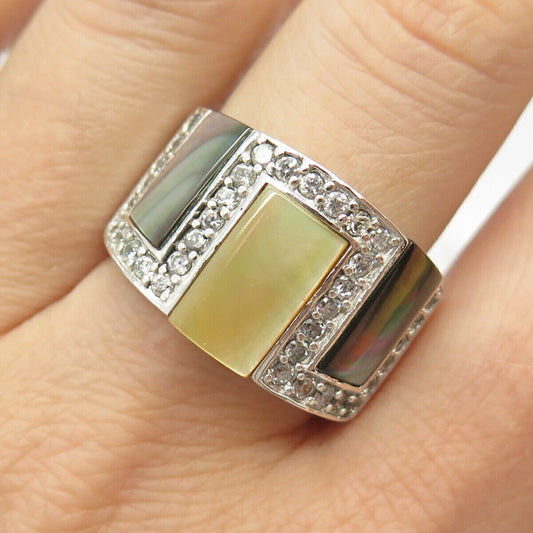 925 Sterling Silver Real MOP Abalone Shell C Z Ring