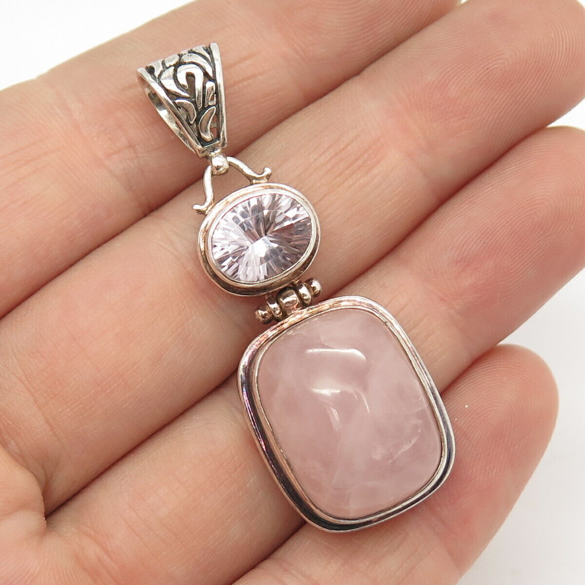 925 Sterling Silver Vintage Real Rose Quartz & Amethyst Gemstone Pendant