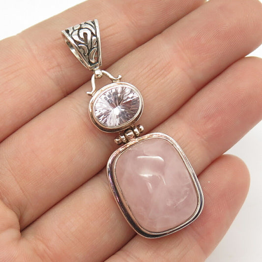 925 Sterling Silver Vintage Real Rose Quartz & Amethyst Gemstone Pendant