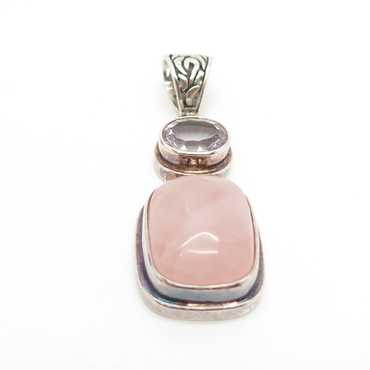 925 Sterling Silver Vintage Real Rose Quartz & Amethyst Gemstone Pendant