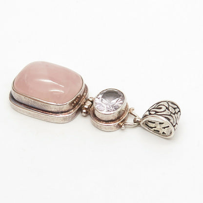 925 Sterling Silver Vintage Real Rose Quartz & Amethyst Gemstone Pendant