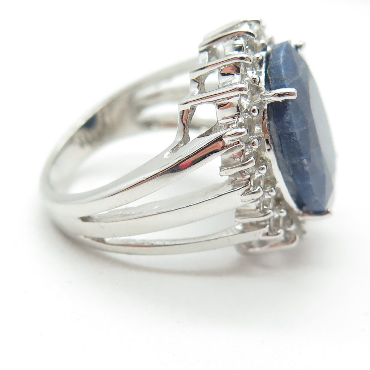 925 Sterling Silver Real Blue Sapphire & White Topaz Gemstone Ring Size 6.75