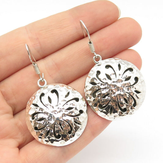 925 Sterling Silver Vintage Hammerd Finish Cutout Dangling Earrings