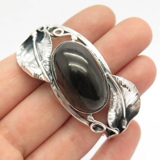 925 Sterling Silver Vintage Black Onyx Gem Leaf Hinged Bangle Bracelet 6 1/4"