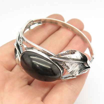 925 Sterling Silver Vintage Black Onyx Gem Leaf Hinged Bangle Bracelet 6 1/4"