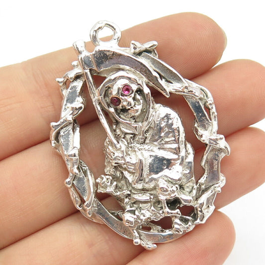 925 Sterling Silver Vintage Real Ruby Gem Grim Reaper Skulls Pendant