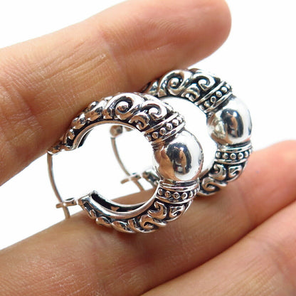 925 Sterling Silver Vintage Ornate Hoop Earrings