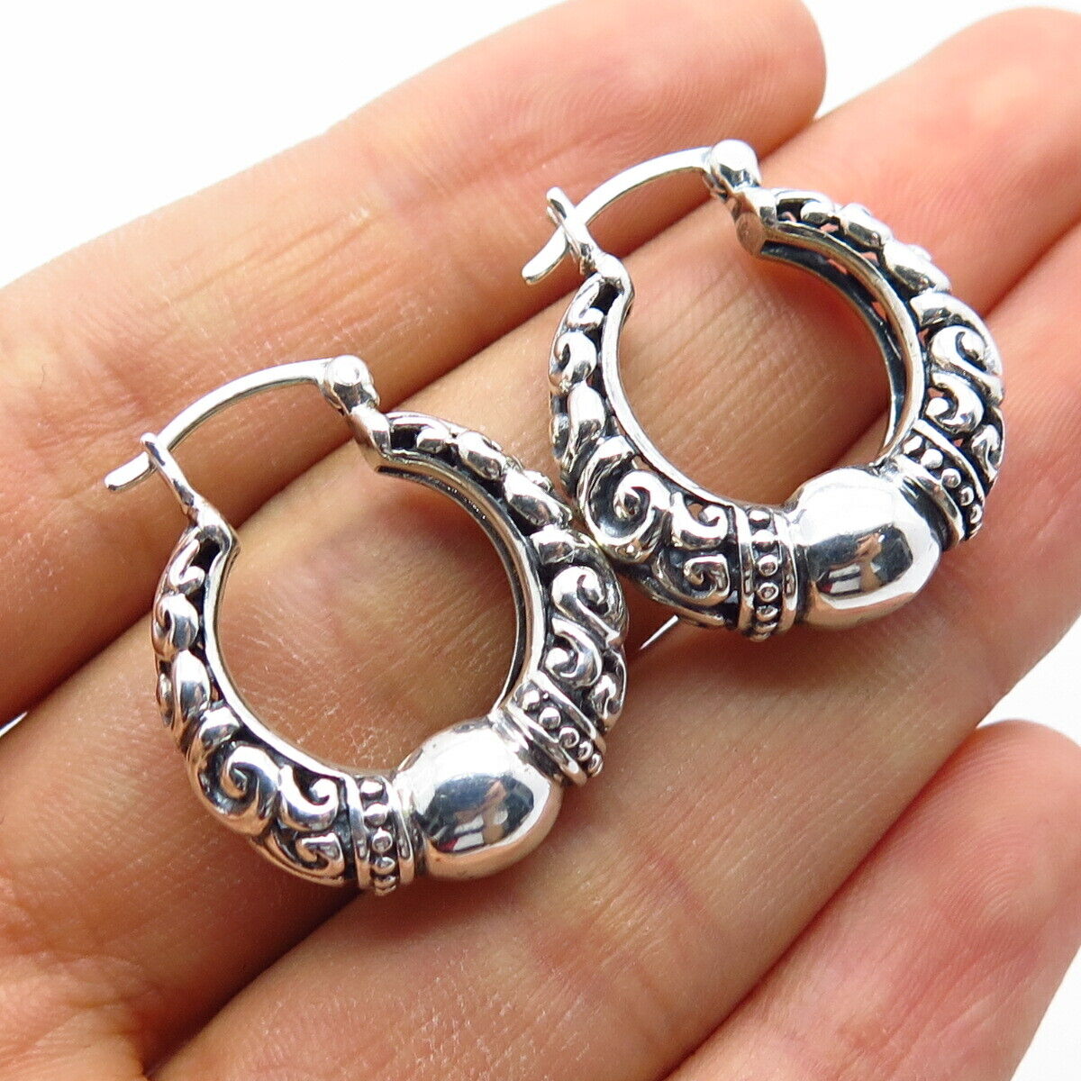 925 Sterling Silver Vintage Ornate Hoop Earrings