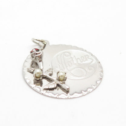 925 Sterling Silver Vintage Real Pearl & Rhinestone "Mother" Rose Round Pendant