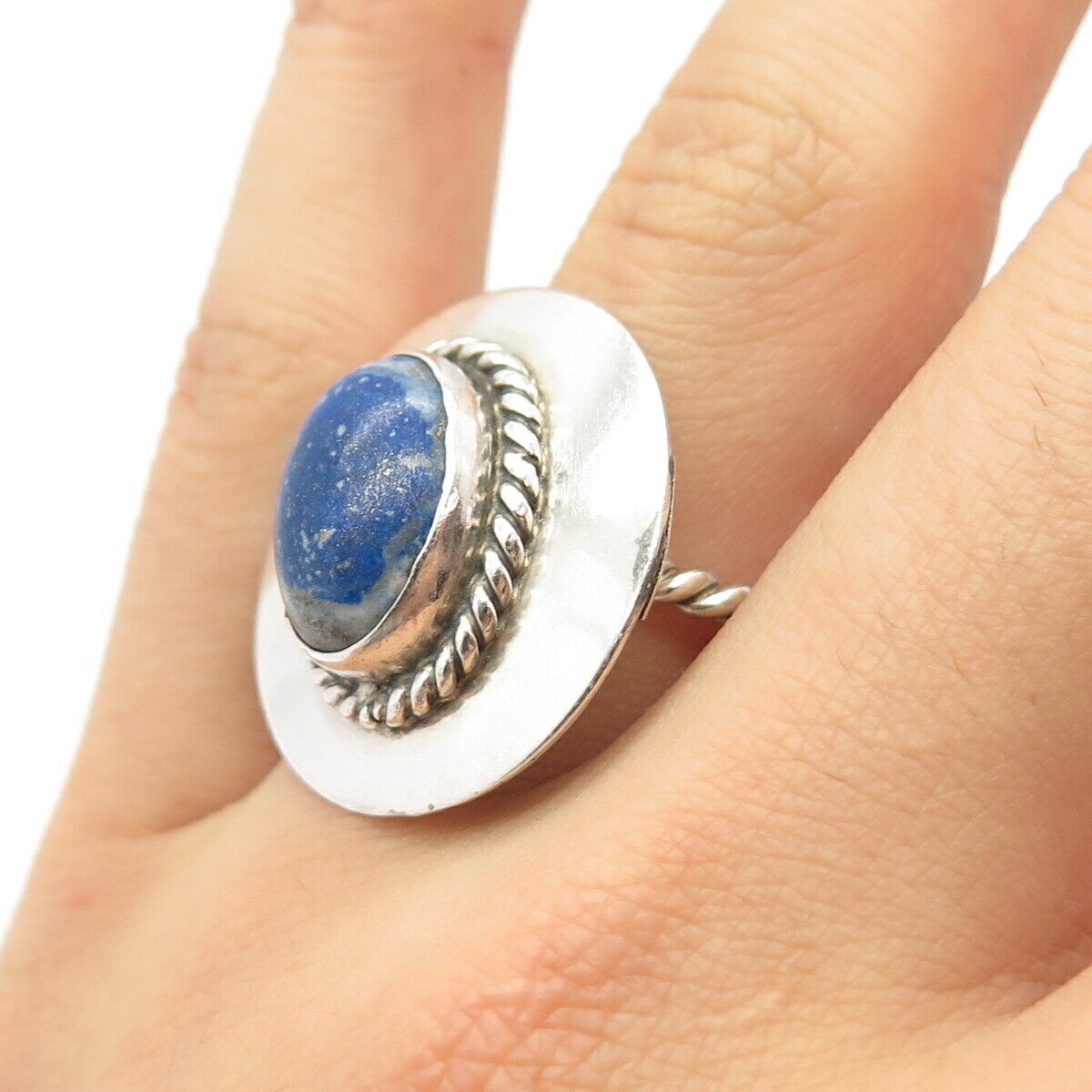 925 Sterling Silver Vintage Real Lapis Lazuli Gemstone Twisted Ring Size 6 1/4