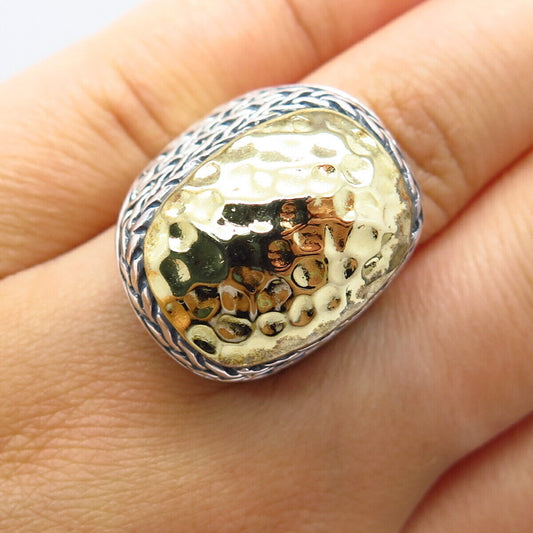 925 Sterling Silver 2-Tone Hammered Finish Ring Size 6 3/4