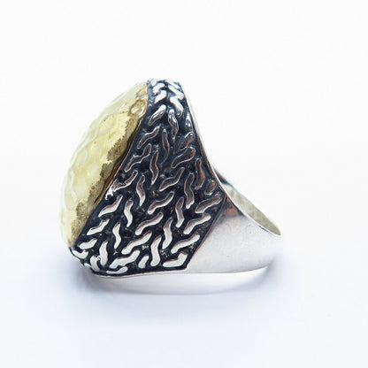 925 Sterling Silver 2-Tone Hammered Finish Ring Size 6 3/4