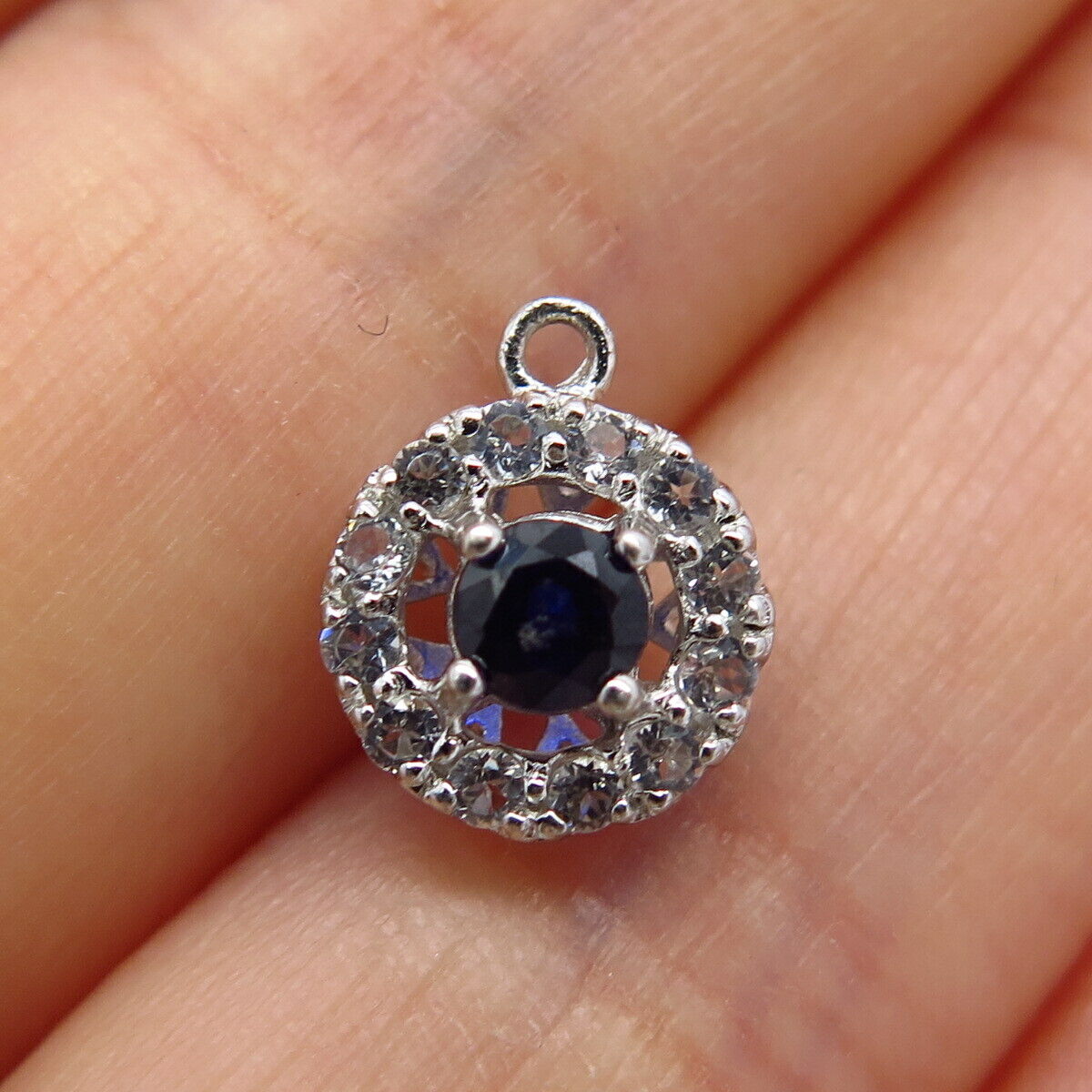 925 Sterling Silver Real White Topaz & Blue C Z Charm Pendant