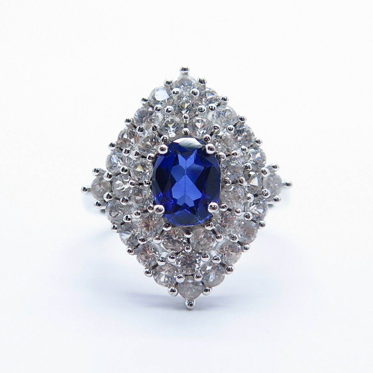 925 Sterling Silver Lab-Created Sapphire & White Topaz Gem Ring Size 8