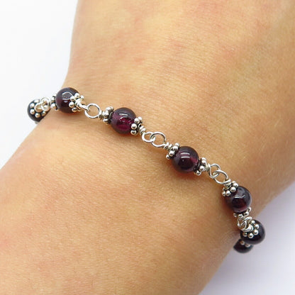 925 Sterling Silver Vintage Real Amethyst Gem Cross Charm Ball Link Bracelet 7"