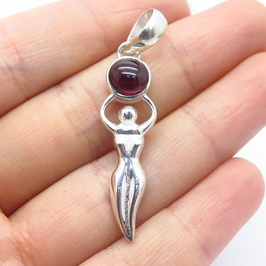 925 Sterling Silver Vintage Real Rhodonite Gem Woman Silhouette Pendant