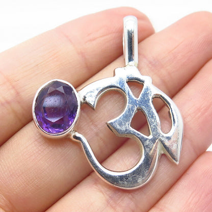 925 Sterling Silver Vintage Real Amethyst Gem Om Mantra Pendant