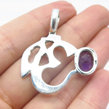 925 Sterling Silver Vintage Real Amethyst Gem Om Mantra Pendant