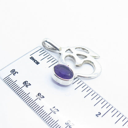 925 Sterling Silver Vintage Real Amethyst Gem Om Mantra Pendant