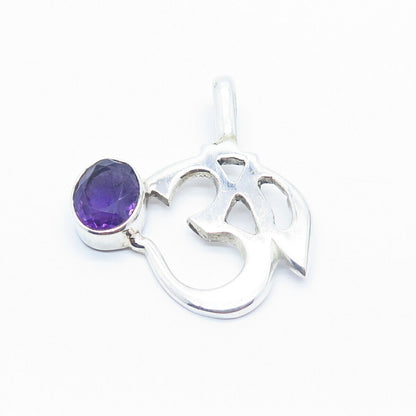 925 Sterling Silver Vintage Real Amethyst Gem Om Mantra Pendant