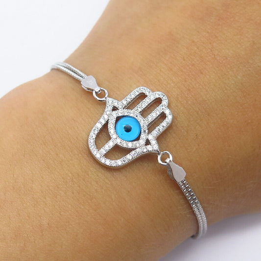 925 Sterling Silver Vintage C Z Hamsa / Hand of Fatima Box Link Bracelet 6 1/4"