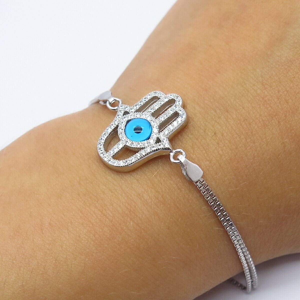 925 Sterling Silver Vintage C Z Hamsa / Hand of Fatima Box Link Bracelet 6 1/4"