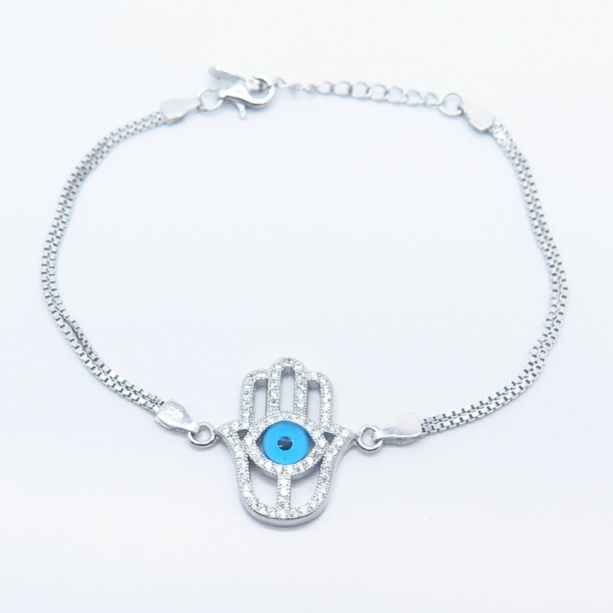 925 Sterling Silver Vintage C Z Hamsa / Hand of Fatima Box Link Bracelet 6 1/4"