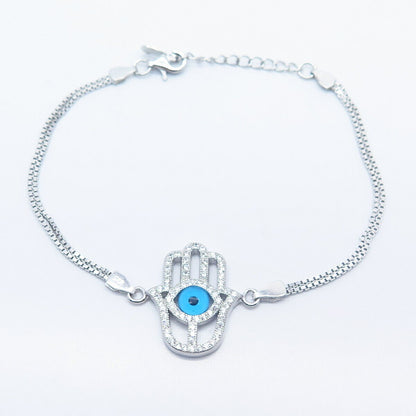 925 Sterling Silver Vintage C Z Hamsa / Hand of Fatima Box Link Bracelet 6 1/4"