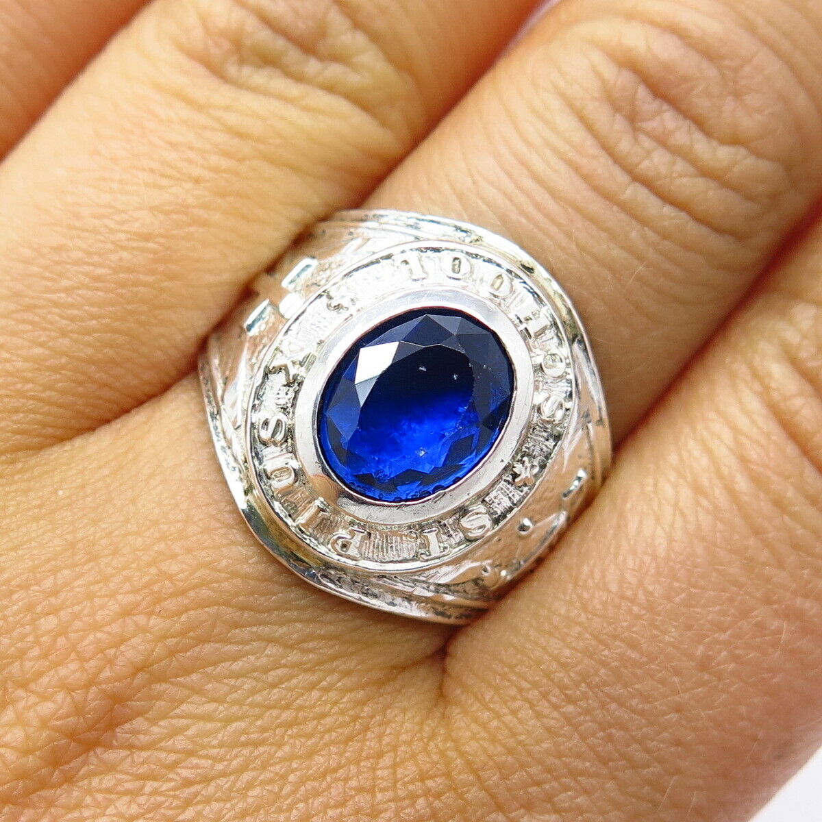 925 Sterling Silver Vintage Blue C Z "St.Pius X" School Ring Size 8 1/4